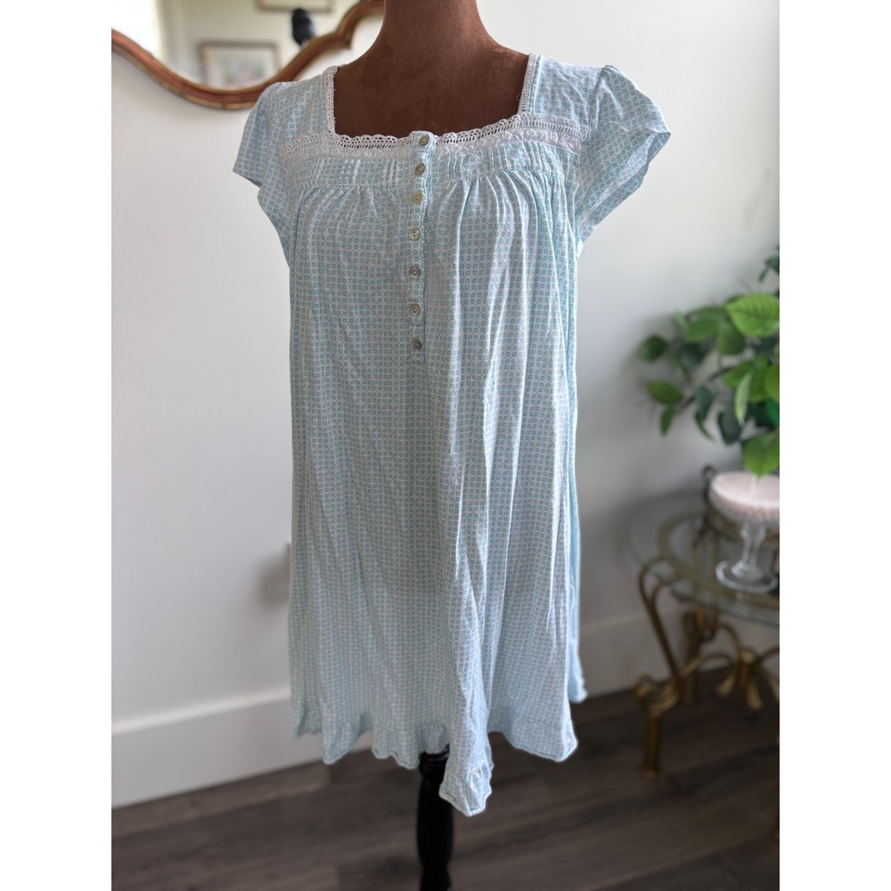 Eileen West Nightgown Medium Blue‎ White Floral Lace Trim Button Up Sleepwear